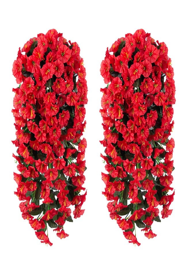 florisso Artificial Faux Hanging Flowers Plants for Winter Christmas Outdoor Outside Decor, 2 PCS Fake Silk Red Morning Glory Long Vines UV Resistant Realistic for Home Porch Patio Balcony Planter Decoration - Image 4